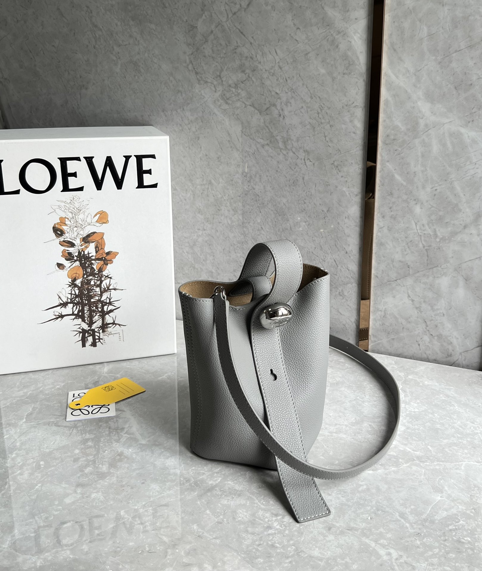 Loewe Mini Pebble Bucket Bag in Soft Grained Calfskin Grey